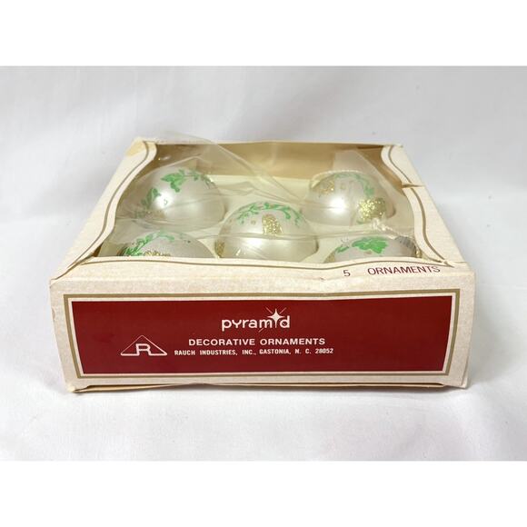Vintage Pyramid Glass Ball Christmas Ornament Box Set of 5 Stenciled Glitter - Picture 2 of 4